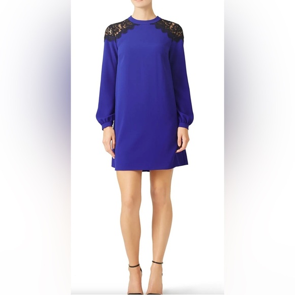 Cece Blue Long-Sleeve Lace Inset Shift Dress - Picture 1 of 6